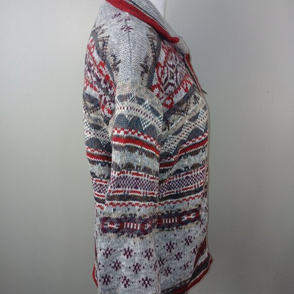 HEIRLOOM COLLECTIBLE  VINTAGE FRONT ZIP CARDIGAN GRAY AND RED DESIGNS WOMENS LG - Picture 7 of 8